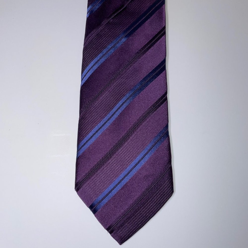 Silk Giorgio Armani Narrow Tie - Purple W/Blue Diagonal Stripes - EUC